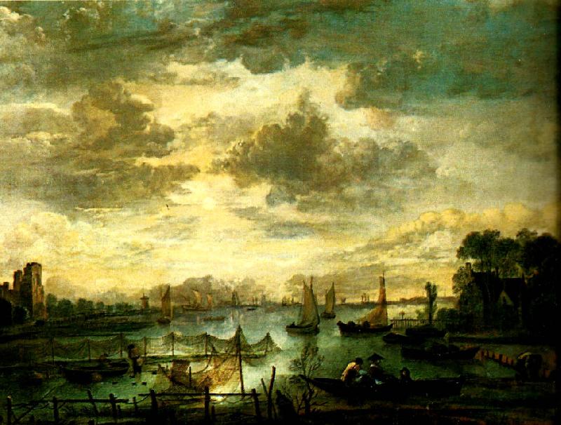 Aert van der Neer flodsceneri med fiskare oil painting image